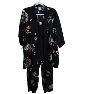 Japna Lounge Black Floral Silky Kimono Wide Pants Camisole Lounge Set Size XL